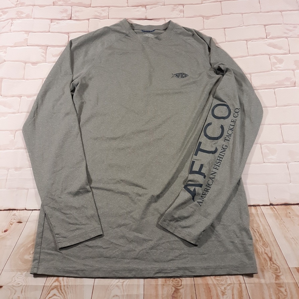 AFTCO Fishing Shirt Mens Medium Outdoor Gray Long Sleeve Aftech Spellout